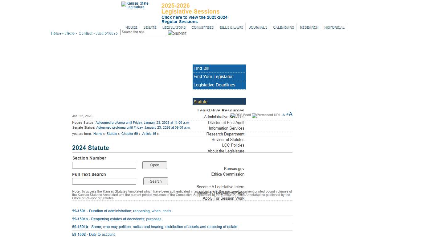 Statute Kansas State Legislature