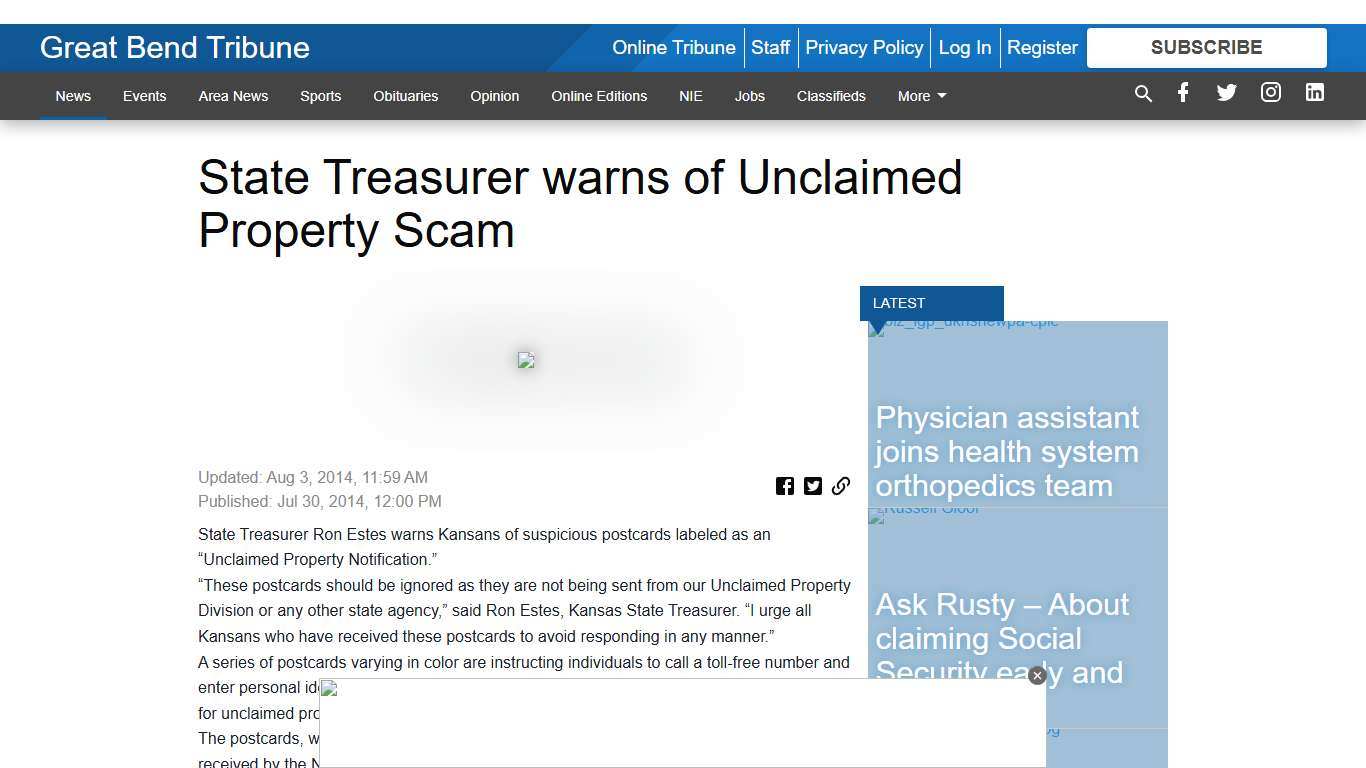 State Treasurer warns of Unclaimed Property Scam - Great Bend Tribune